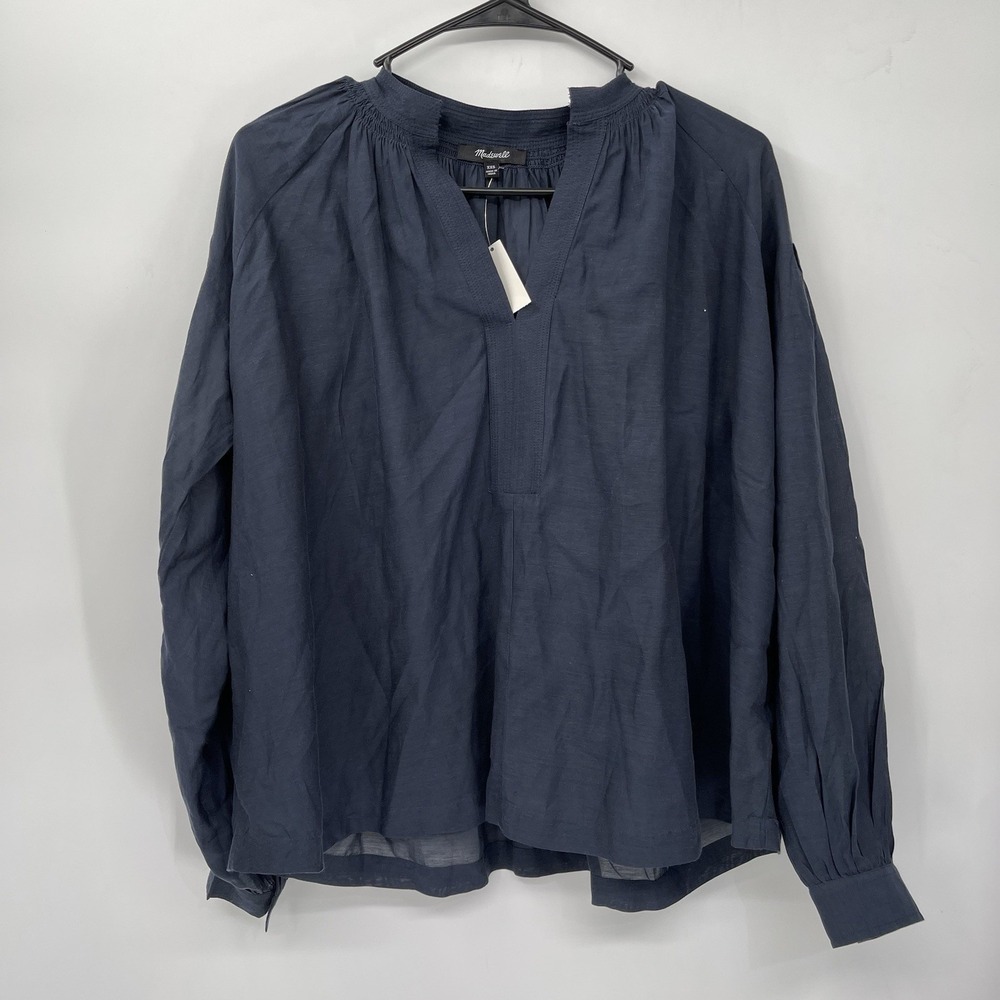 Madewell XXS Split Neck Blouse Womens Ink Blue Relaxed Cotton Viscose NQ888